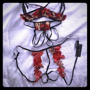 Lingerie- bra, crotchless panty, and garter set